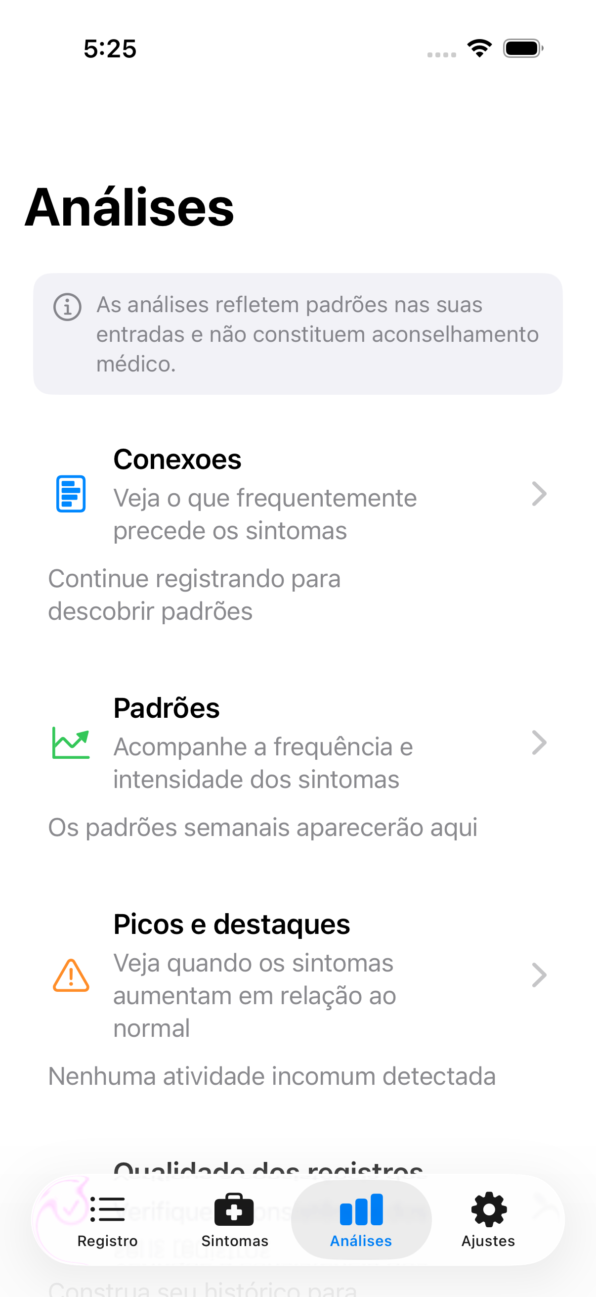 Aba Insights mostrando cartões de navegação