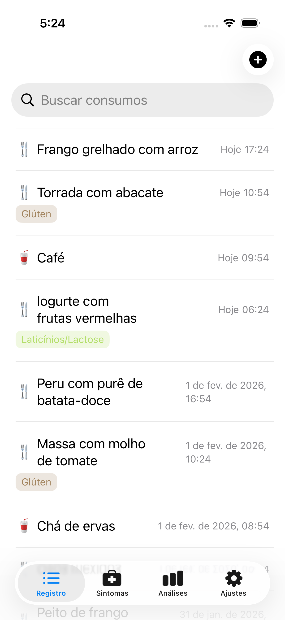 Registro de comidas mostrando múltiplas entradas
