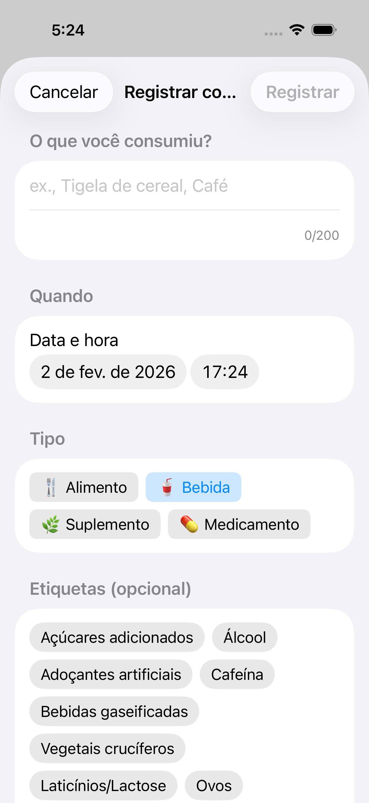 Formulário com tipo Bebida selecionado