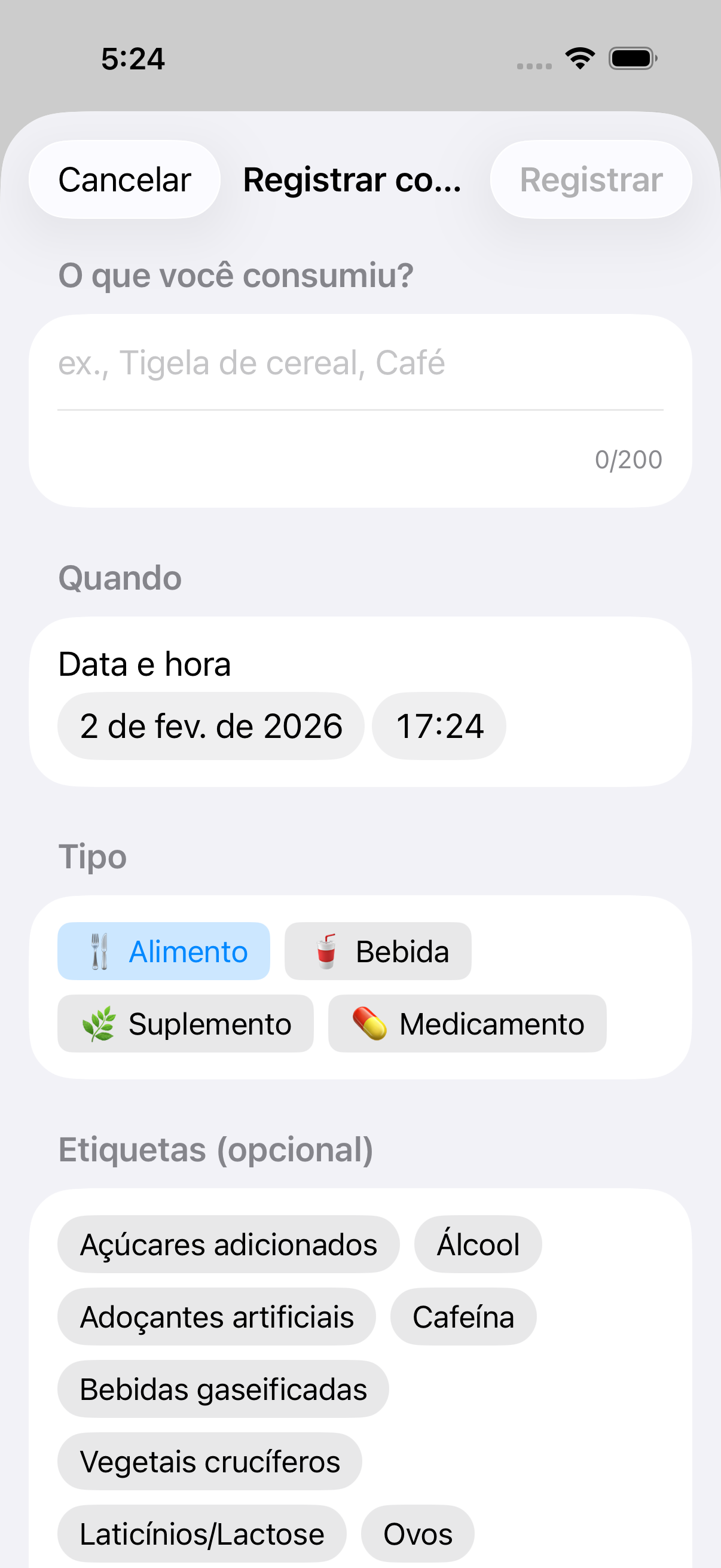 Formulário de registro de refeição mostrando campo de descrição e seletor de tipo