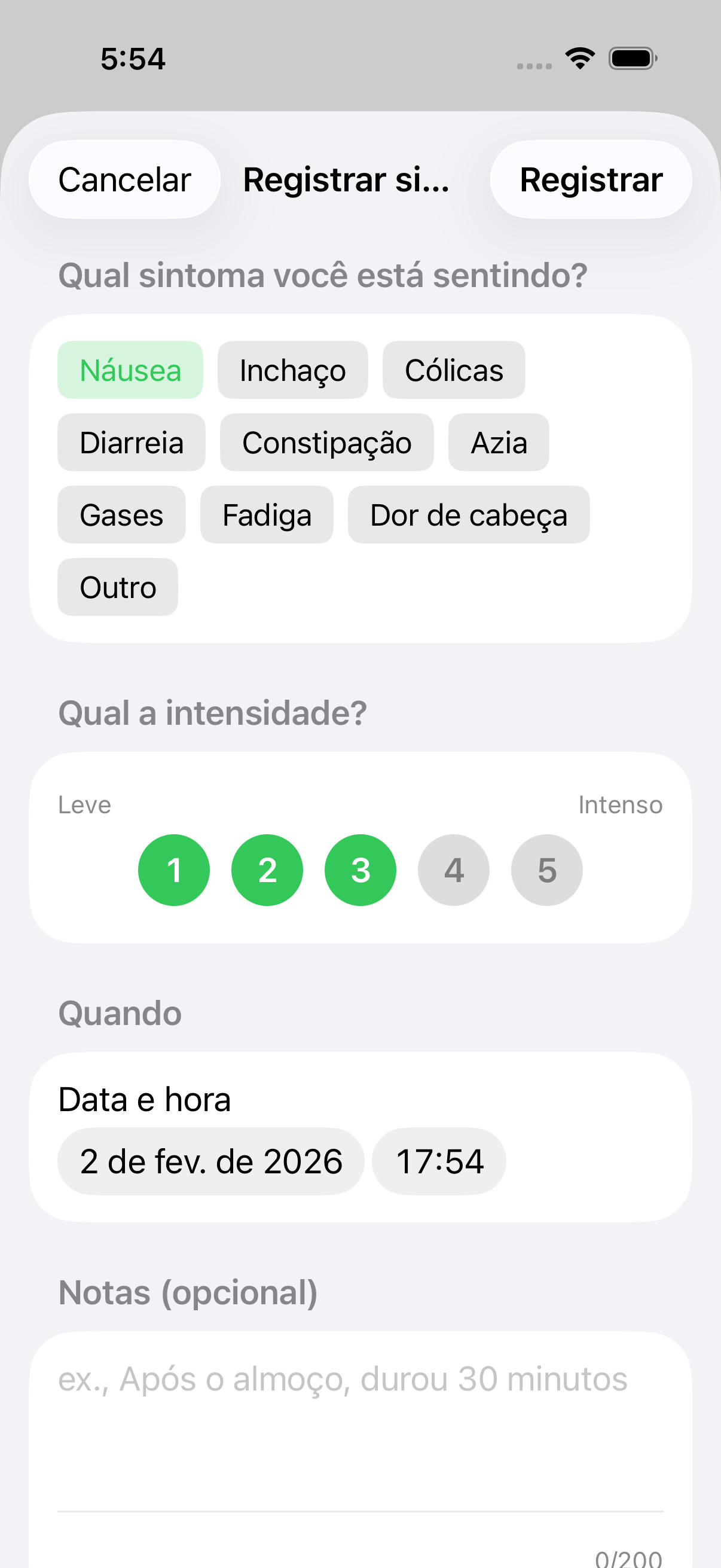 Formulário de registro de sintomas vazio