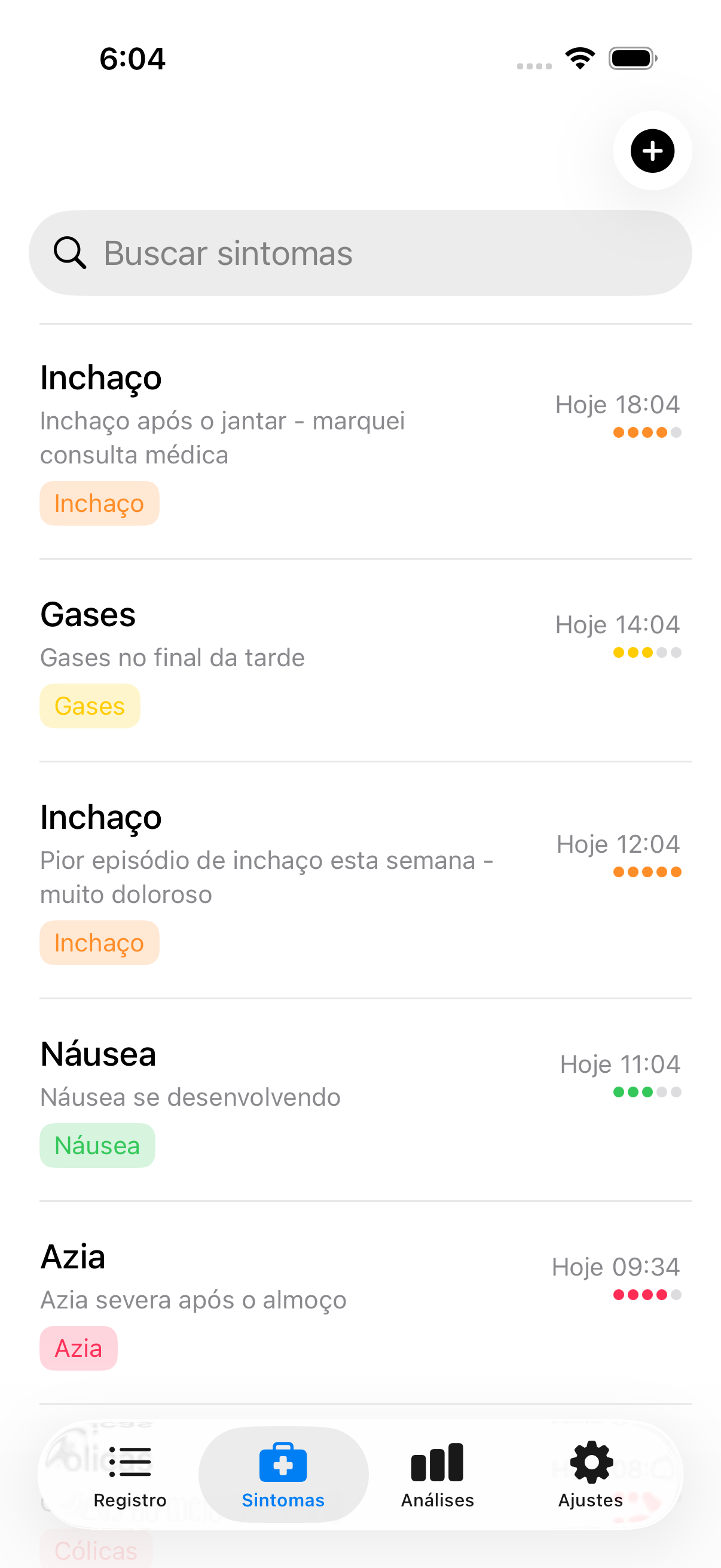Registro de sintomas mostrando múltiplas entradas