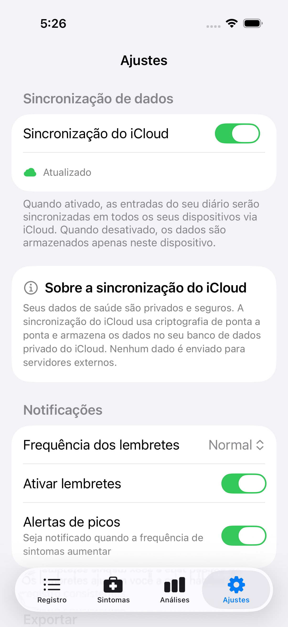 Tela principal de configurações