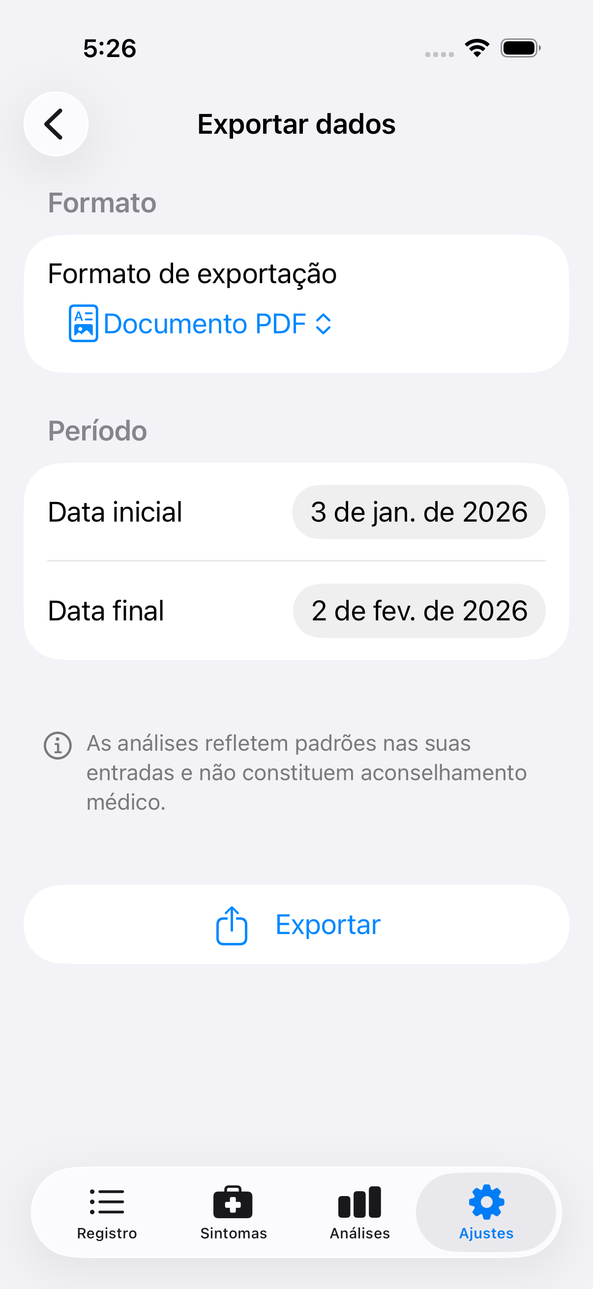 Tela de exportação mostrando opções